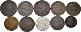 Spanish Coins. Lot of 10 different coins of Isabella II, one of them in silver, including 4 maravedis of Barcelona 1855. TO EXAMINE. F/Almost VF. Est....