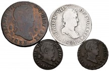 Spanish Coins. Lot of 4 coins of Fenando VII, 3 copper, 2 maravedis of Segovia 1822, 1833, 8 maravedis Segovia 1833 and 1 silver 2 reales Mexico 1821....