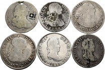 Spanish Coins. Lot of 6 coins of 2 silver reales, 1775 (with hole and stamp), 1783 Lima, 1801 Lima, 1808 Madrid (countermark), 1811 Cadiz and 1826 Sev...