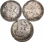 Spanish Coins. Lot of 3 coins of 8 Reales. Charles III 1786 Mexico FM, Charles IV 1797 Lima IJ and 1806 Mexico TH. All with multiple Chinese stamps. A...