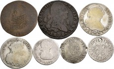 Spanish Coins. Lot of 7 Hapsburg and Bourbon coins. Philip II Jeton 1588, Ferdinand VI 1 Real 1756, Charles II 1 Tari 1699 Naples, Charles III 1 Real ...
