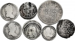 Spanish Coins. Lot of 7 coins of the Spanish Monarchy. Different Kings, values and dates, some of them perforated. Ag. TO EXAMINE. F/Almost VF. Est......