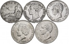 Spanish Coins. Lot of 5 coins of 5 pesetas (1870, 1871, 1875, 1878, 1892). TO EXAMINE. Almost VF/Choice VF. Est...75,00. 


SPANISH DESCRIPTION: Mo...