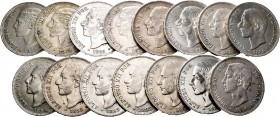 Spanish Coins. Lot of 15 pieces of 5 pesetas of Alfonso XII, 1876*75 and 76, 1877, 1878, 1882/1, 1883 (3), 1884 (3), 1885*87 (4). TO EXAMINE. Almost V...