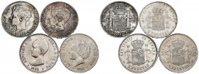 Spanish Coins. Lot of 4 coins of 5 pesetas of Alfonso XIII, 1892 (Pelon), 1892 (Loops), 1897 and 1898. All stars visible. TO EXAMINE. Choice VF/Almost...