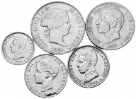 Spanish Coins. Lot of 5 Spanish silver pieces, 10 reales 1860 Madrid, 2 pesetas 1882, 2 of 1 peseta (1901, 1903), 50 centimos 1904. TO EXAMINE. VF/Alm...
