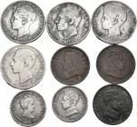 Spanish Coins. Lot of 9 coins of the Centenary of the Peseta. Different values and dates, including some scarce date and a piece of 2 reales of Elizab...