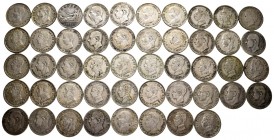Spanish Coins. Lot of 48 Centenary 50 cent coins, 1869 (1), 1880 (11), 1881 (6), 1885 (1), 1892 (5), 1894 (2), 1900 (2), 1904 (16) and 1910 (4). TO EX...