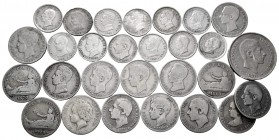 Spanish Coins. Lot of 28 peseta cent silver pieces, 50 centavos (1881), 15 1 peseta (1769(2), 1870, 1876, 1882, 1883, 1885, 1891, 1893, 1899, 1900, 19...