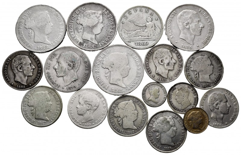Spanish Coins. Lot of 17 silver coins from Elizabeth II to Alfonso XII. TO EXAMI...