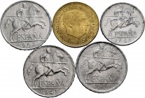 Spanish Coins. Lot of 5 Spanish State coins, containing 5 Centimos 1941, 10 Centimos 1940-1941-1953 and 1 Peseta 1953*19-63. Al/Cu-Ni. TO EXAMINE. XF/...