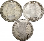 World Coins. Lot of 3 Colombian silver coins hard type all with holes, 1819 (Nueva Granada), 1820 (Cundinamarca), 1821 (Cundinamarca). TO EXAMINE. /F....