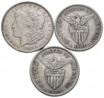 World Coins. Lot of 3 silver coins. 1 United States dollar from Philadelphia 1921 and 2 of 1 Philippine peso (1907, 1908) under American Administratio...