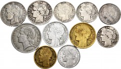 World Coins. Lot of 11 coins from France. Different values and dates, some scarce. Very interesting. Ag/Cu-Ni/al. TO EXAMINE. Choice F/Choice VF. Est....