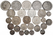 World Coins. Lot of 27 coins from Guatemala, 3 of 25 centavos (1881, 1890, 1893), 8 of 1/4 real (1880, 1888, 1889 (2), 1893 (2), 1897), 7 of 1/2 real ...