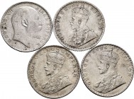 World Coins. Set of 4 British Indian coins. 1 Rupee of Edward VII and George V 1907, 1912, 1913 and 1920. Ag. TO EXAMINE. Almost VF/Choice VF. Est...8...