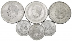 World Coins. Lot of 6 silver coins from Mexico, 3 of 50 centavos (1945), 2 of 5 pesos (1948, 1953), 1 of 10 pesos (1956). TO EXAMINE. UNC. Est...100,0...