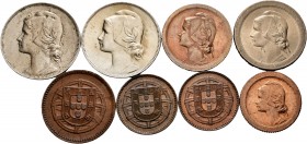 World Coins. Lot of 8 coins from the Republic of Portugal. 1 Cent. 1917-18; 2 Cent, 1918; 4 Cent. 1917-19; 5 Cent. 1927; 10 Cent. 1930 y 20 Cent. 1921...