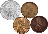 World Coins. Lot of 4 coins, 3 of 1 cent United States (1940, 1941, 1952) and 1 of 200 mark (1923). TO EXAMINE. Almost XF/XF. Est...30,00. 


SPANI...