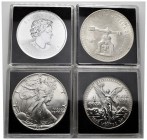 World Coins. Lot of 4 world silver coins, 1 dollar Canada 2014, 1 dollar United States 1987, 2 pieces of 1 ounce silver from Mexico (1980, 1989). TO E...
