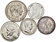 World Coins. Lot of 5 silver world coins, Belgium (2 frank 1909), France (20 franc 1933), Italy (2 lire 1912), Panama (1/2 balboa 1969), Vatican (500 ...