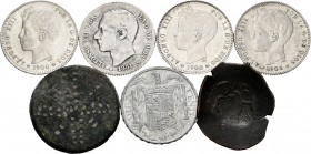 World Coins. Lot of 7 mixed coins, 1 copper countermark, 1 Byzantine, 1 peseta from 1881, 1900 (3), and 10 centimos 1953. TO EXAMINE. Almost F/Choice ...