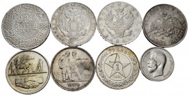 World Coins. Lot of 8 silver world coins, Morocco 10 dirhams 1331H, Switzerland 5 francs 1939, Russia 50 kopeks 1913, 1 rouble 1818, 1831, 1834, 1921 ...