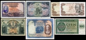 Banknotes. Lot of 7 Spanish banknotes, 3 of 50 pesetas (1906, 1907, 1927 with republic stamp), 1 of 100 pesetas Burgos 1936, 2 of 100 pesetas 1970 and...