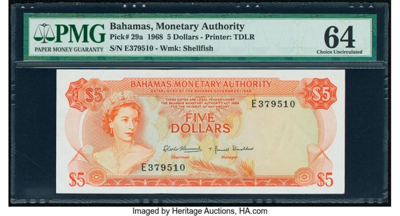 Bahamas Monetary Authority 5 Dollars 1968 Pick 29a PMG Choice Uncirculated 64. 
...