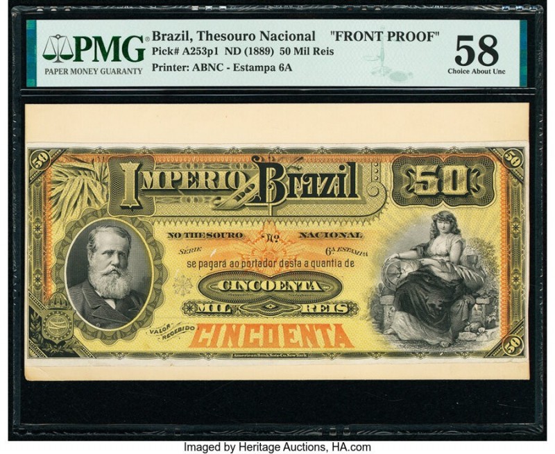 Brazil Thesouro Nacional 50 Mil Reis ND (1889) Pick A253p1 Front Proof PMG Choic...
