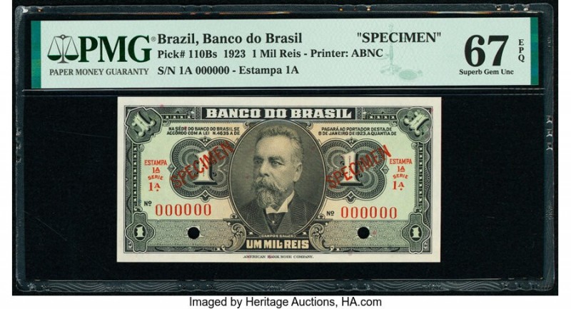 Brazil Banco do Brasil 1 Mil Reis 8.1.1923 Pick 110Bs Specimen PMG Superb Gem Un...