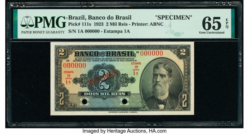 Brazil Banco do Brasil 2 Mil Reis 8.1.1923 Pick 111s Specimen PMG Gem Uncirculat...