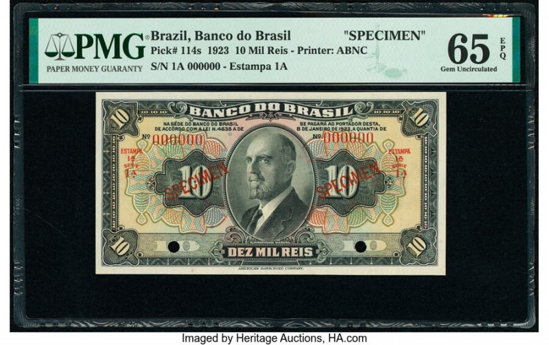 Brazil Banco do Brasil 10 Mil Reis 8.1.1923 Pick 114s Specimen PMG Gem Uncircula...