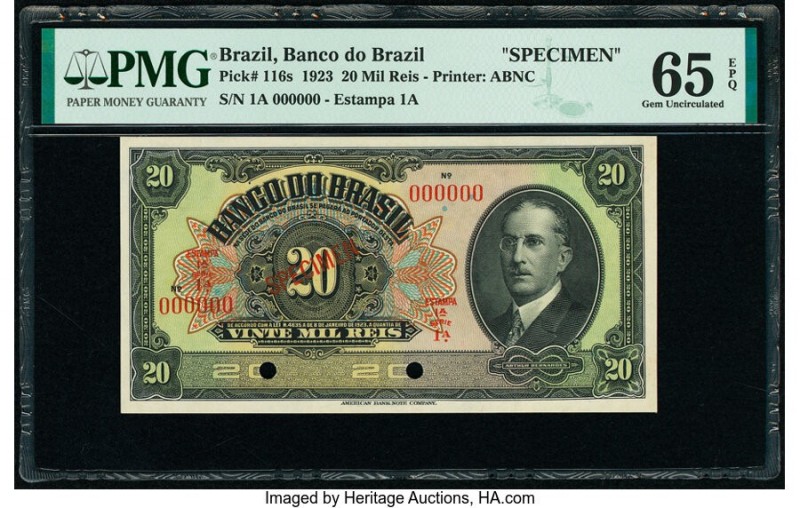 Brazil Banco do Brasil 20 Mil Reis 8.1.1923 Pick 116s Specimen PMG Gem Uncircula...