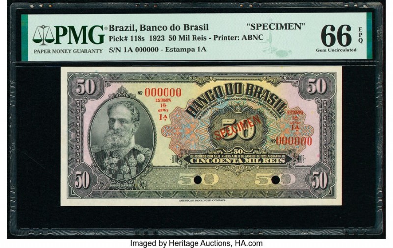 Brazil Banco do Brasil 50 Mil Reis 8.1.1923 Pick 118s Specimen PMG Gem Uncircula...
