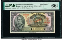 Brazil Banco do Brasil 50 Mil Reis 8.1.1923 Pick 118s Specimen PMG Gem Uncirculated 66 EPQ. Two POCs and red Specimen overprints.

HID09801242017

© 2...