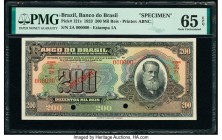 Brazil Banco do Brasil 200 Mil Reis 8.1.1923 Pick 121s Specimen PMG Gem Uncirculated 65 EPQ. Two POCs and red Specimen overprints.

HID09801242017

© ...