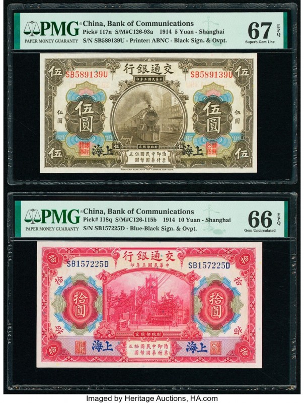 China Bank of Communications, Shanghai 5; 10 Yuan 1914 Pick 117n; 118q Two Examp...
