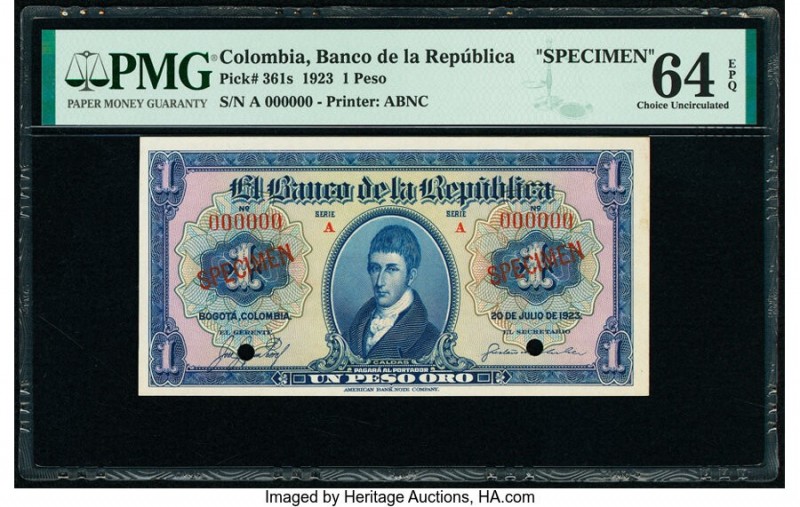 Colombia Banco de la Republica 1 Peso 20.7.1923 Pick 361s Specimen PMG Choice Un...