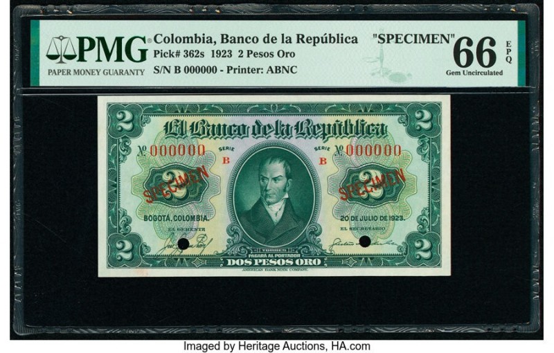 Colombia Banco de la Republica 2 Pesos Oro 20.7.1923 Pick 362s Specimen PMG Gem ...