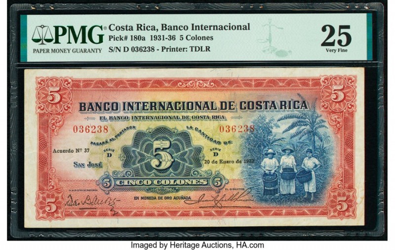 Costa Rica Banco Internacional de Costa Rica 5 Colones 20.1.1932 Pick 180a PMG V...