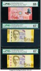 Costa Rica Banco Central de Costa Rica 1000; 5000 (2) Colones 2009 (2); 2012 Pick 274a; 276a; 276b Three Examples PMG Superb Gem Unc 68 EPQ; Superb Ge...