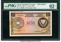 Cyprus Republic of Cyprus 1 Pound 1.12.1961 Pick 39s Specimen PMG Uncirculated 62 Net. Roulette canceled punch, red Specimen overprints and previously...