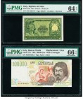 Italy Banco d'Italia 50; 100,000 Lire 1951; 1994 Pick 91a; 117b* Replacement Two Examples PMG Choice Uncirculated 64 EPQ; Gem Uncirculated 66 EPQ. 

H...