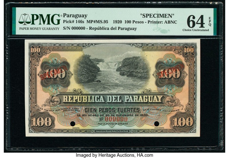Paraguay Republica del Paraguay 100 Pesos 30.12.1920 Pick 146s Specimen PMG Choi...