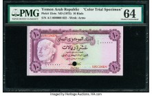 Yemen Arab Republic Central Bank of Yemen 10 Rials ND (1973) Pick 13cts Color Trial Specimen PMG Choice Uncirculated 64. Previously mounted, one POC.
...
