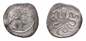 Litra AR
Sicily, Syracuse, Second Democracy, 466-405 BC, Head of Arethusa, two dolphins / Octopus
13 mm, 0,71 g
SNG ANS 282; SNG Copenhagen 676