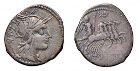 Denier AR
M. Tullius, 119 BC, Head of Roma right, ROMA behind / Victory in quadriga right, X below horses, M. TVLLI in exergue
21 mm, 3,71 g