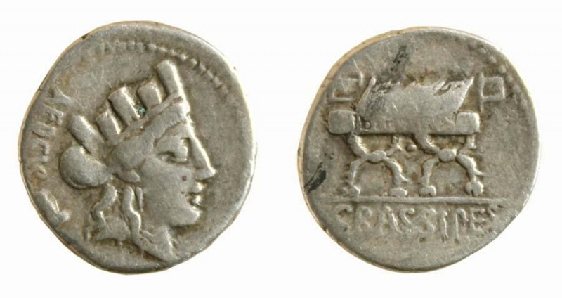 Denier AR
P. Fourius Crassipes, 84 BC, Turreted head of Cybele to right; behind...