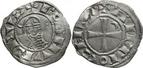 Denier AR
Antioch, Bohemond III (1163-1201), Helmeted bust between star and crescent, left / Cross with crescent in second quarter
18 mm, 0,93 g